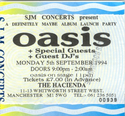 Oasis, Ticket - The Hacienda, 1994 – Manchester Digital Music Archive